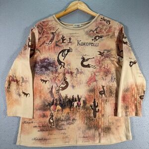 Vintage Cactus Kokopelli Long Sleeve Top Women XL Brown Native American Gems USA
